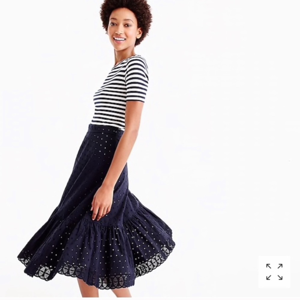 J.Crew Eyelet Tiered Navy Midi Skirt